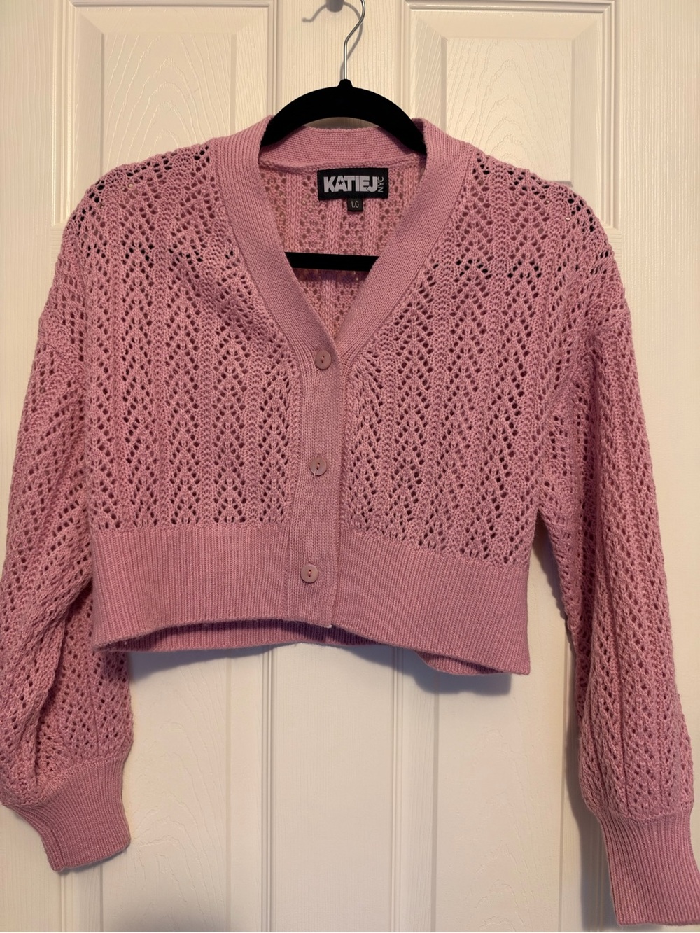 Pink Openwork Cropped Cardigan Sweater